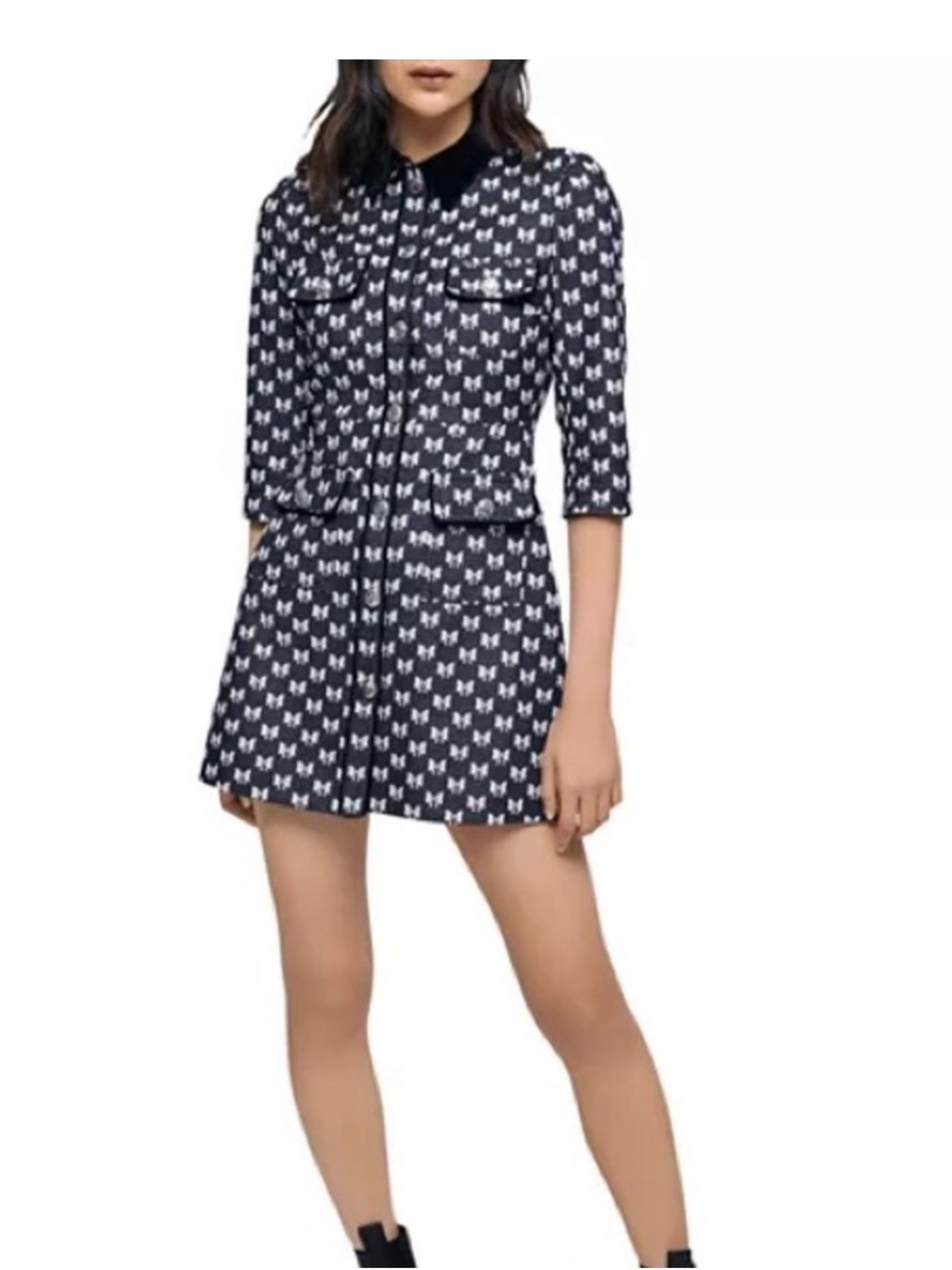 Maje Navy and White Patterned A-Line Dress with Velvet Collar